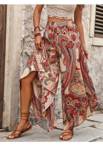 Kadın Yüksek Bel Beli Lastikli Desenli Geniş Paçalı Süprem Pantolon fiyatları