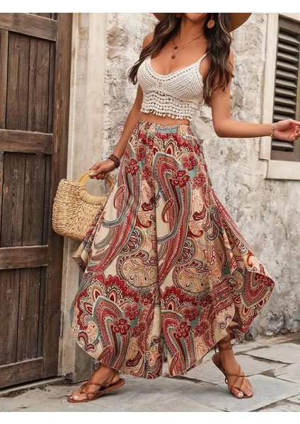 Kadın Yüksek Bel Beli Lastikli Desenli Geniş Paçalı Süprem Pantolon