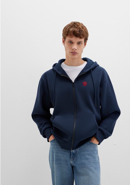 Mühür Logo Nakışlı Kapüşonlu Fermuarlı Lacivert Sweatshirt 066979-70490