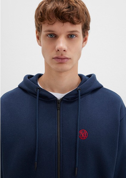 Mühür Logo Nakışlı Kapüşonlu Fermuarlı Lacivert Sweatshirt 066979-70490