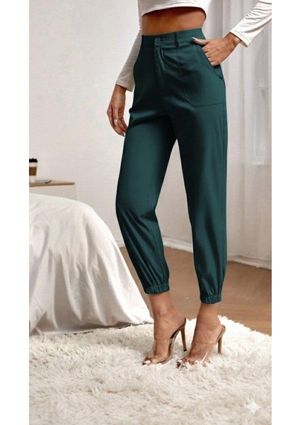 Kadın Yüksek Bel Cepli Paçası Lastikli Ithal Krep Pantolon fiyatları