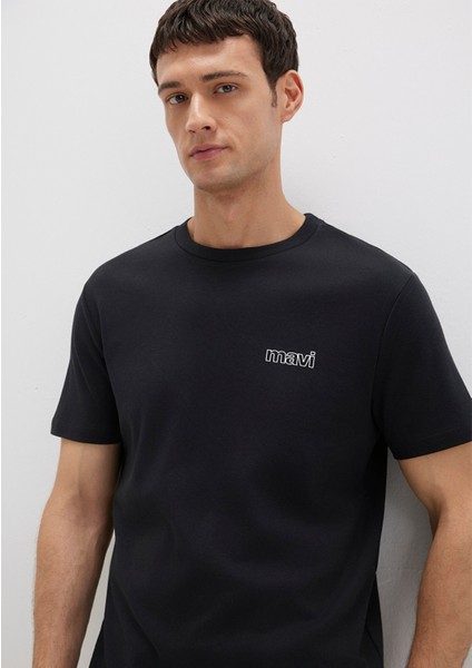 Mavi Logo Baskılı Siyah İnterlok Tişört 0610360-900