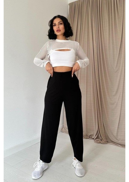 Siyah Pensli Lastik Detaylı Pantolon