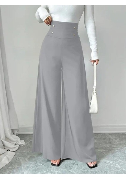 Kadın Yüksek Bel Düğmeli Geniş Paçalı Ithal Krep Pantolon modelleri
