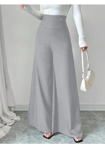 Kadın Yüksek Bel Düğmeli Geniş Paçalı Ithal Krep Pantolon fırsatları