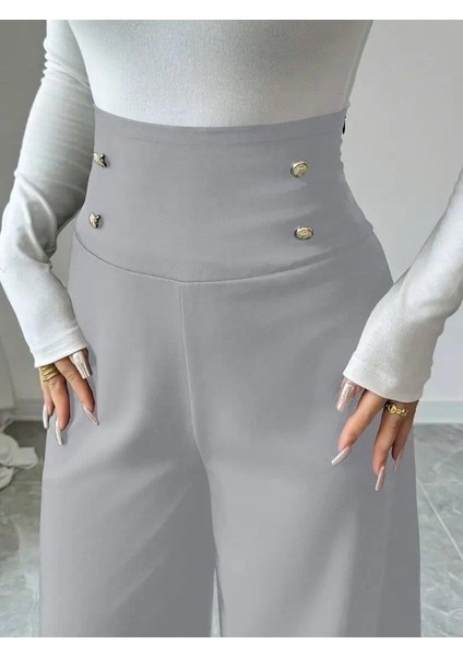 Kadın Yüksek Bel Düğmeli Geniş Paçalı Ithal Krep Pantolon indirimleri