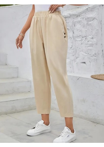 Kadın Yüksek Bel Yandan Cepli Düğme Detaylı Geniş Kesim Ithal Krep Pantolon fiyatları