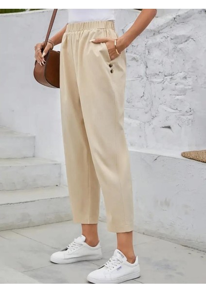 Kadın Yüksek Bel Yandan Cepli Düğme Detaylı Geniş Kesim Ithal Krep Pantolon fırsatları