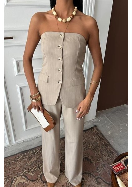 Straplez Büstiyerli Plazzo Pantolonlu Çizgili Takım 10151 indirimleri