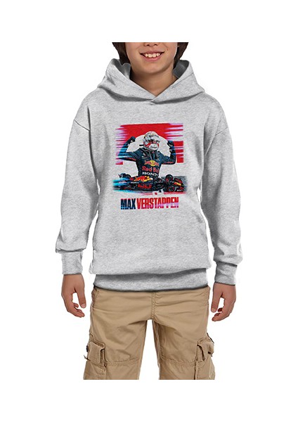 F1 Max Verstappen Eyes Gri Çocuk Kapşonlu Sweatshirt