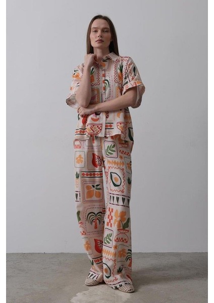 Baskılı Kısa Kol Pantolon Takım - Taş-Oranj fiyatları