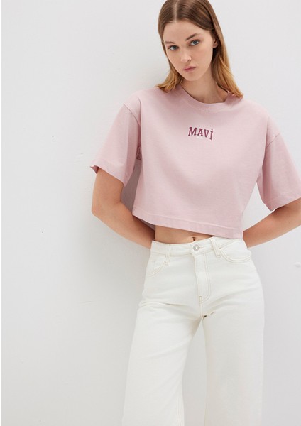 Mavi Logo Baskılı Pembe Crop Tişört 1613411-71018