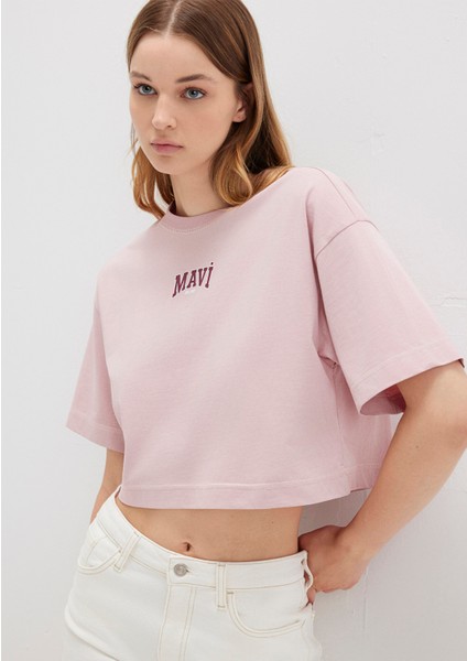 Mavi Logo Baskılı Pembe Crop Tişört 1613411-71018