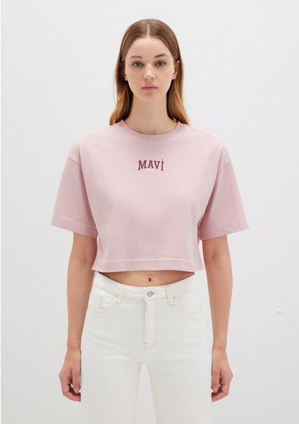 Mavi Logo Baskılı Pembe Crop Tişört 1613411-71018
