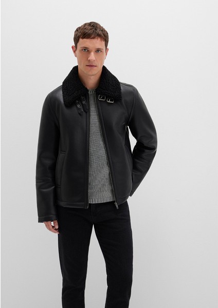 Suni Kürk Detaylı Siyah Suni Deri Ceket 0110670-71379