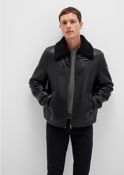 Suni Kürk Detaylı Siyah Suni Deri Ceket 0110670-71379