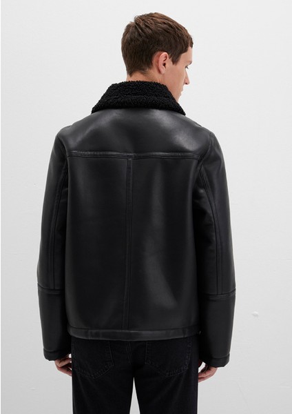 Suni Kürk Detaylı Siyah Suni Deri Ceket 0110670-71379