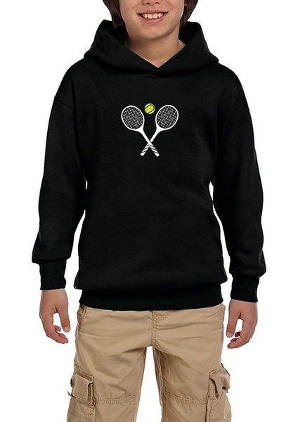 Tennis Rackets Siyah Çocuk Kapşonlu Sweatshirt