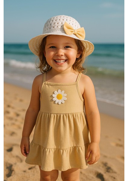 Önü Papatya Detaylı Kız Çocuk Elbise