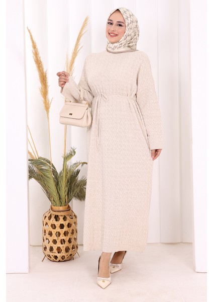 Örgülü Desenli Triko Elbise 18341 Taş