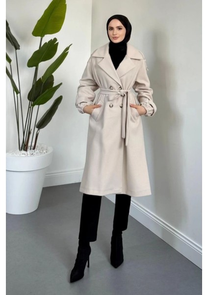 Glaze Astarlı Kolları Büzgülü Kaşe Tesettür Kaban- Bej Standart (38-44 Uyumlu)