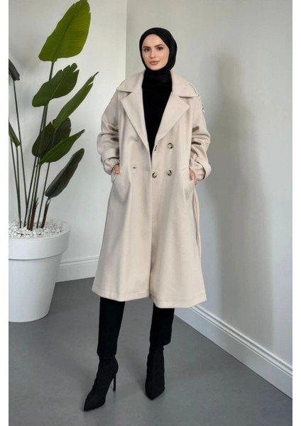 Glaze Astarlı Kolları Büzgülü Kaşe Tesettür Kaban- Bej Standart (38-44 Uyumlu) fiyatları