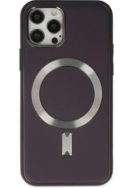 iPhone 12 Pro Max Kılıf Coco Deri Magneticsafe Silikon - Derin Mor