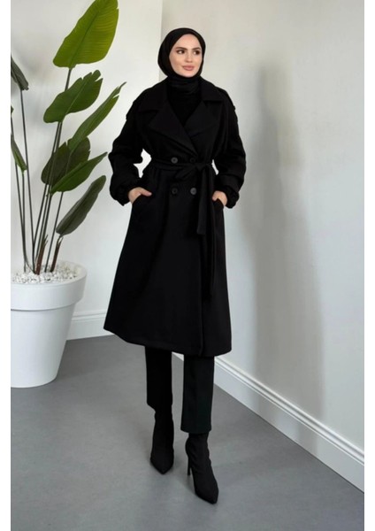 Glaze Astarlı Kolları Büzgülü Kaşe Tesettür Kaban- Siyah Standart (38-44 Uyumlu)