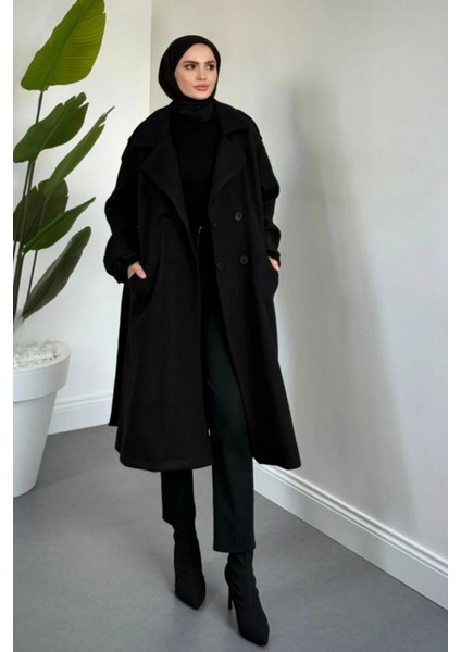 Glaze Astarlı Kolları Büzgülü Kaşe Tesettür Kaban- Siyah Standart (38-44 Uyumlu) fiyatları