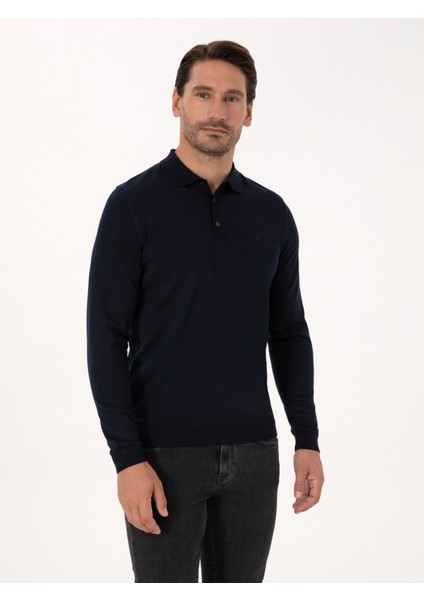 Erkek Lacivert Slim Fit Yün Karışımlı Polo Yaka Basic Triko Kazak 50315267-VR033