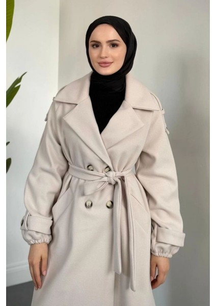 Glaze Astarlı Kolları Büzgülü Kaşe Tesettür Kaban- Bej Standart (38-44 Uyumlu) modelleri