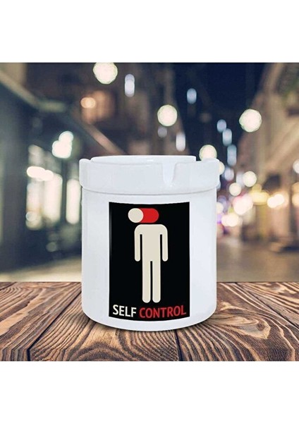Beyaz Kapalı Kafa Küllük Self Control Baskılı Kül Tablası