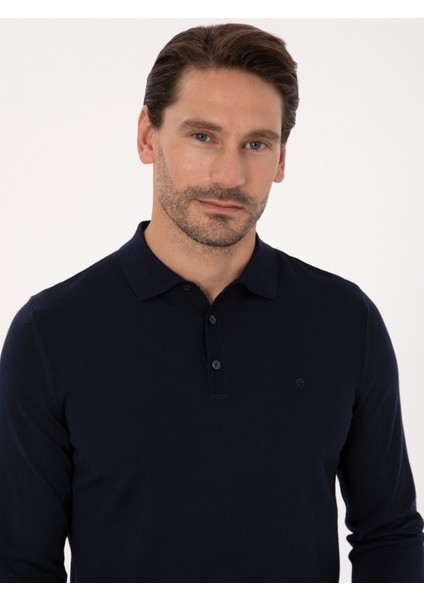 Erkek Lacivert Slim Fit Yün Karışımlı Polo Yaka Basic Triko Kazak 50315267-VR033 fiyatları