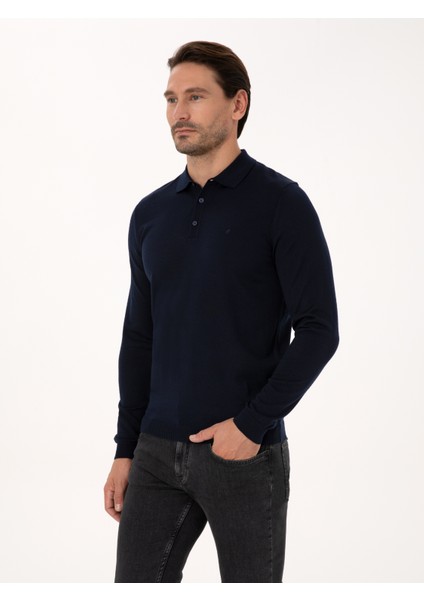 Erkek Lacivert Slim Fit Yün Karışımlı Polo Yaka Basic Triko Kazak 50315267-VR033 modelleri