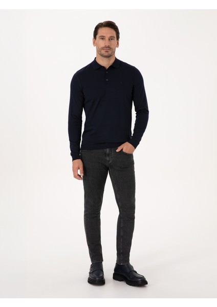 Erkek Lacivert Slim Fit Yün Karışımlı Polo Yaka Basic Triko Kazak 50315267-VR033 fırsatları