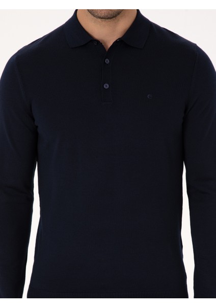 Erkek Lacivert Slim Fit Yün Karışımlı Polo Yaka Basic Triko Kazak 50315267-VR033