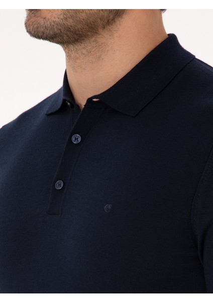 Erkek Lacivert Slim Fit Yün Karışımlı Polo Yaka Basic Triko Kazak 50315267-VR033