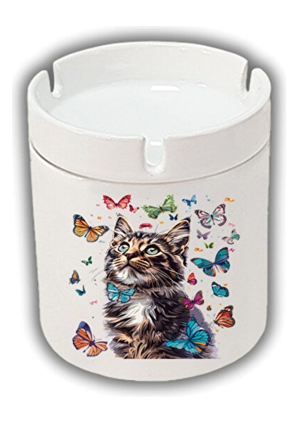 Kelebekler Içinde Kedi Baskılı Küllük Kül Tablası