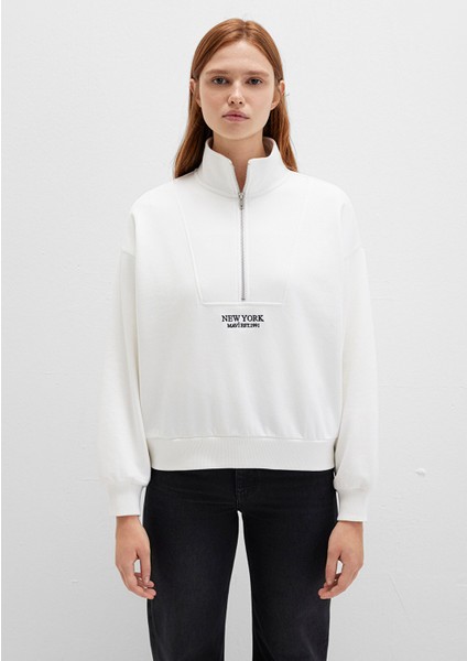 Yarı Fermuarlı Sırt Baskılı Ekru Sweatshirt 1S10502-70057