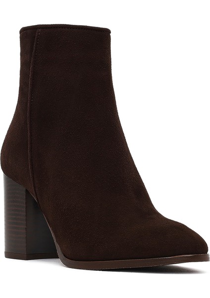 Kadın Kahverengi Fermuarlı Kalın Topuklu Süet Deri Bot 25WFD163010