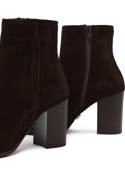 Kadın Kahverengi Fermuarlı Kalın Topuklu Süet Deri Bot 25WFD163010