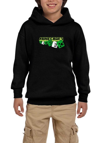 Mine-Craft Skeleton And Creeper Siyah Çocuk Kapşonlu Sweatshirt