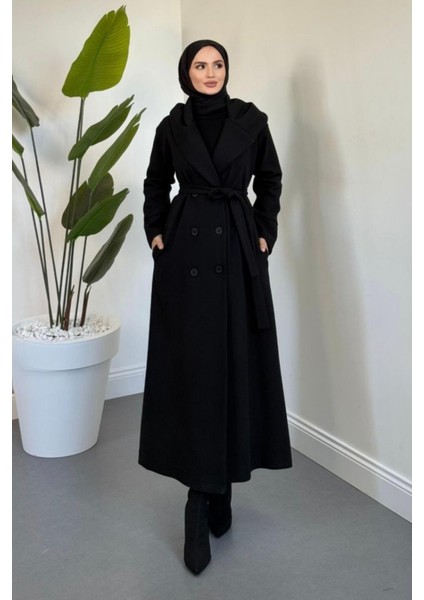 Arden Kapüşonlu Kuşaklı Tesettür Kaban- Siyah