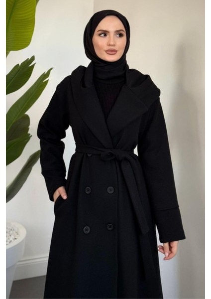 Arden Kapüşonlu Kuşaklı Tesettür Kaban- Siyah fırsatları