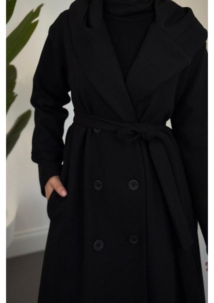 Arden Kapüşonlu Kuşaklı Tesettür Kaban- Siyah indirimleri