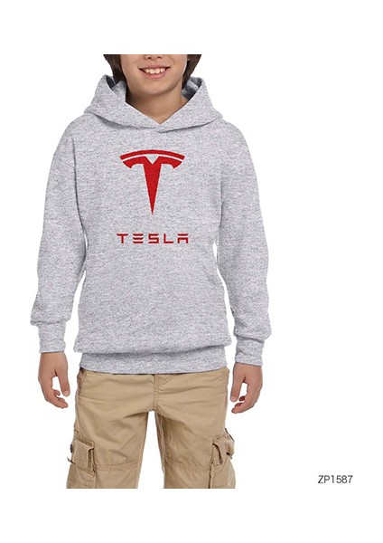 Tesla Gri Çocuk Kapşonlu Sweatshirt