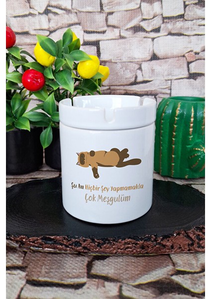 Şu An Hiçbir Şey Yapmamakla Çok Meşgulüm Komik Yazılı Baskılı Seramik Kapaklı Kokusuz Küllük