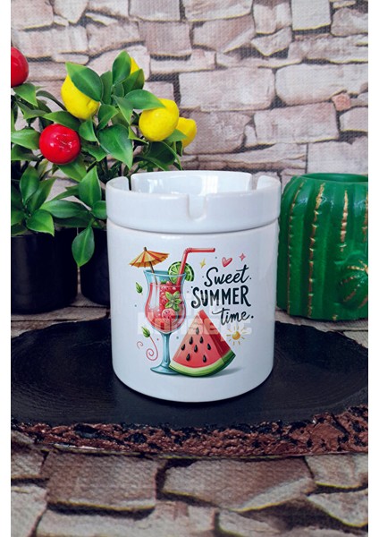 Sweet Summer Time Yaz Temalı Baskılı Seramik Kapaklı Kokusuz Küllük