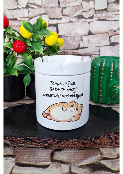 Tembel Değilim Tasarruf Modundayım Kedi Komik Hediyelik Baskılı Seramik Kapaklı Kokusuz Küllük