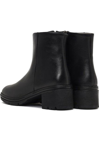 Kadın Siyah Fermuarlı Kısa Kalın Topuklu Deri Bot 25WFD414218